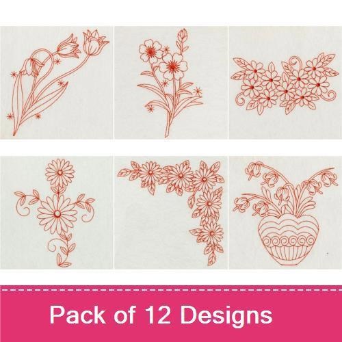 Redwork Floral Embroidery Designs Bundle – Floral Bouquet, Daisy Arrangement, Flower Pot & More (12 Designs)