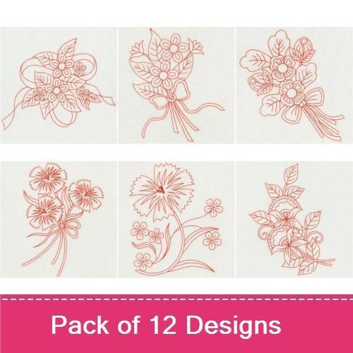 Redwork Elegant Floral Embroidery Designs Bundle – Floral Arrangement, Orchid Bouquet, Flower Spray & More (12 Designs)