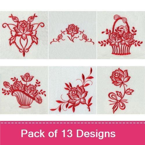 Redwork Elegant Rose Embroidery Designs Bundle – Rose Bouquet, Single Red Rose, Decorative Rose Frame & More (13 Designs)
