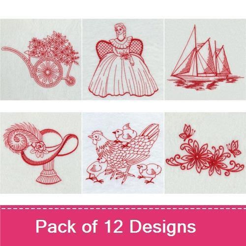 Redwork Vintage Charm Embroidery Bundle – Vintage Lady in Dress, Garden Wheelbarrow, Sailing Ship & More (12 Designs)