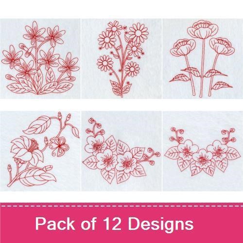 Redwork Elegant Floral Embroidery Designs Bundle – Floral Basket, Floral Wreath, Flower Circle & More (12 Designs)