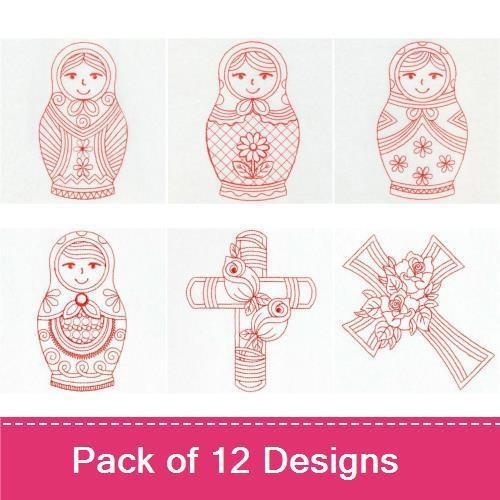 Redwork Matryoshka Dolls & Floral Cross Embroidery Designs Bundle – Circles, Flowers, Hearts & More (12 Designs)
