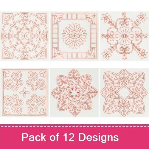 Redwork Elegant Quilt Blocks Embroidery Designs Bundle – Circular Floral, Square Floral, Ornate Quilt & More (12 Designs)
