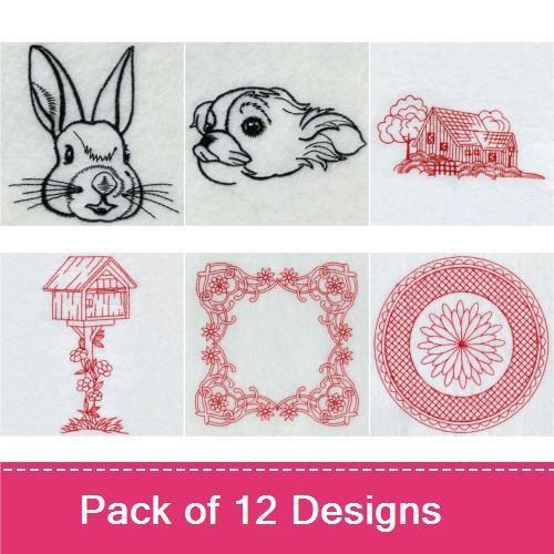 Vintage Redwork Embroidery Bundle – House, Tree, Floral & More (12 Designs)