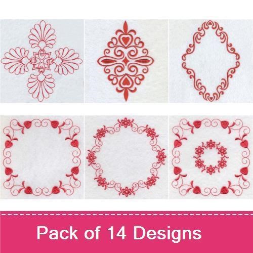 Redwork Elegant Floral & Heart Embroidery Bundle – Floral Heart Frame, Redwork Snowflake, & More (14 Designs)