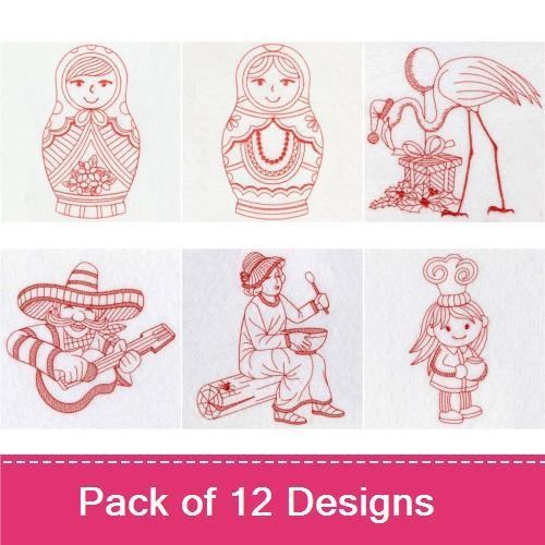 Redwork Vintage Children & Animals Embroidery Designs Bundle – Children Holding Hands, Zebra, Horse & More (12 Designs)