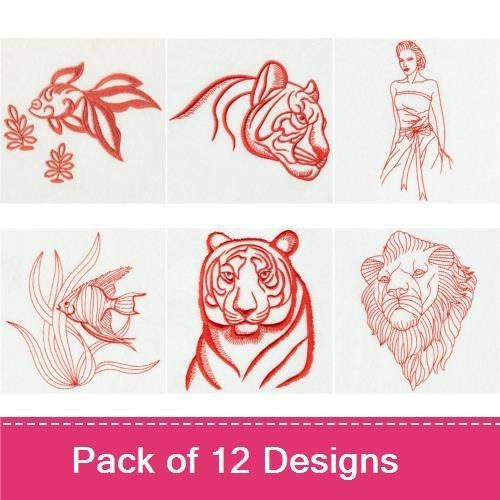 Redwork Winter & Wildlife Embroidery Designs Bundle – Tiger Portrait, Holiday Bear, Snowman & More (12 Designs)