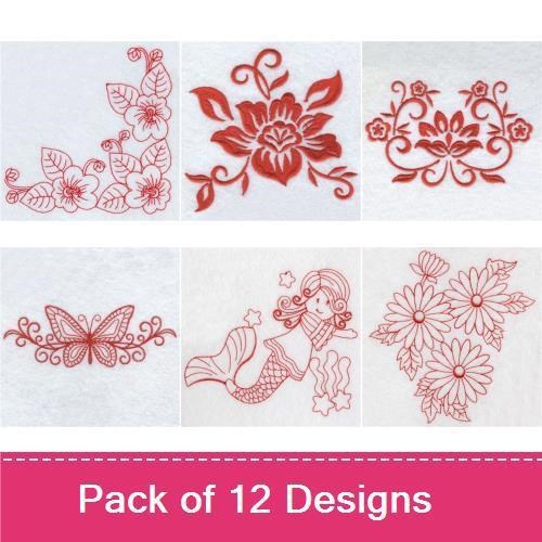Redwork Floral & Butterfly Embroidery Bundle – Butterfly, Rose, Floral Doodle & More (12 Designs)