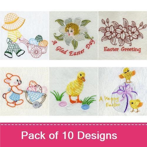 Redwork Easter Characters Embroidery Designs Bundle – Bunny with Eggs, Chick, Easter Fairy & More (10 Designs)