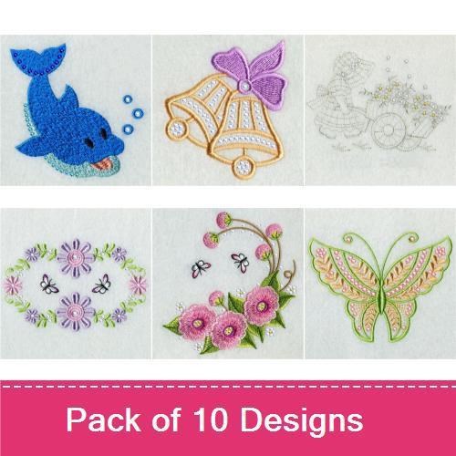 Floral Arrangement & Butterflies Embroidery Designs Bundle – Violet Bouquet, Decorative Bells, Flower Pot & More (10 Designs)