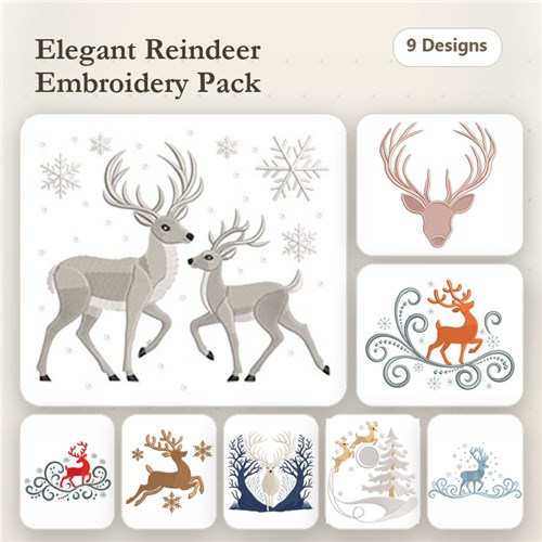 Elegant Reindeer Embroidery Bundle – Reindeer Couple, Santa with Reindeer, Ornate Reindeer & More (9 Designs)