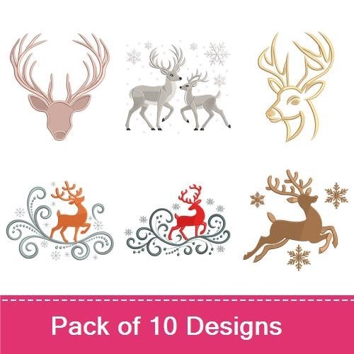 Elegant Reindeer Embroidery Bundle – Reindeer Couple, Santa with Reindeer, Ornate Reindeer & More (9 Designs)