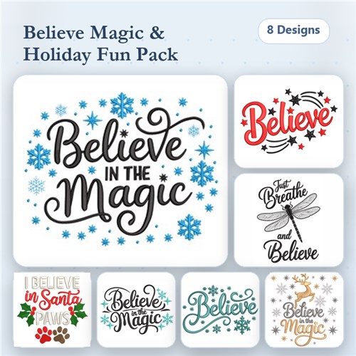 Holiday Themed Text Embroidery Designs Bundle – Believe in the Magic, Just Breathe and Believe, & More (8 Designs)