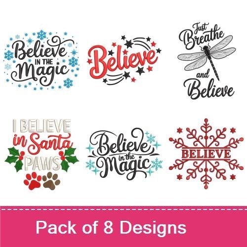 Holiday Themed Text Embroidery Designs Bundle – Believe in the Magic, Just Breathe and Believe, & More (8 Designs)