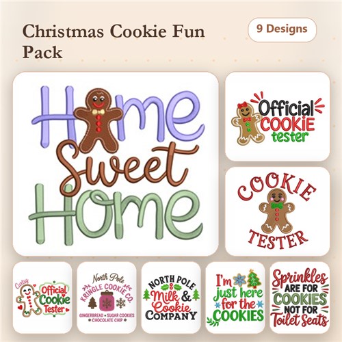 Christmas Cookie Themed Embroidery Designs Bundle – Home Sweet Home, Official Cookie Tester, Gingerbread Man & More (9 Designs)