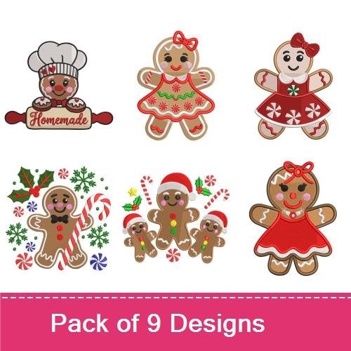 Gingerbread Holiday Embroidery Designs Bundle – Gingerbread Man with Candy Cane, Gingerbread Girl with Red Dress & More (9 Designs)
