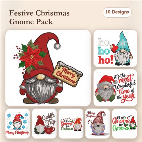 Christmas Gnomes Embroidery Designs Bundle – Gnome with Holiday Sign, Gnome with Poinsettia, Merry Christmas Greeting & More (10 Designs)