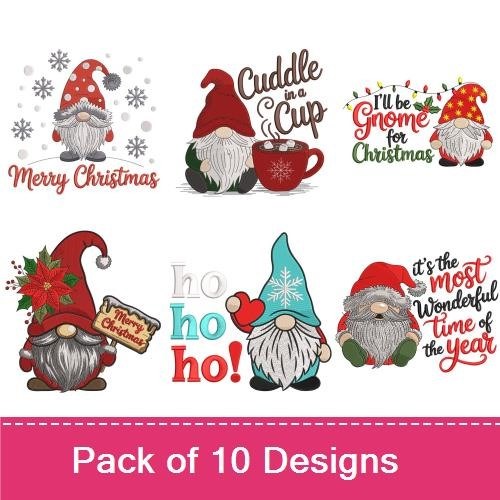 Christmas Gnomes Embroidery Designs Bundle – Gnome with Holiday Sign, Gnome with Poinsettia, Merry Christmas Greeting & More (10 Designs)
