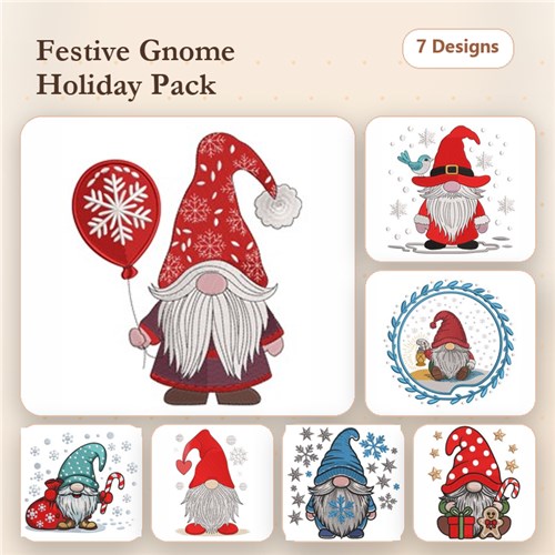 Festive Gnomes Embroidery Designs Bundle – Gnome with Balloon, Gnome with Christmas Gift & More (7 Designs)