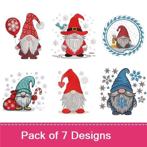 Festive Gnomes Embroidery Designs Bundle – Gnome with Balloon, Gnome with Christmas Gift & More (7 Designs)