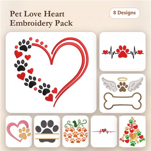 Pet Love and Hearts Embroidery Designs Bundle – Heart with Paw Prints, Angel Wings with Halo & More (8 Designs)