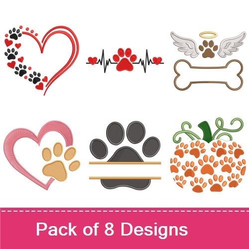 Pet Love and Hearts Embroidery Designs Bundle – Heart with Paw Prints, Angel Wings with Halo & More (8 Designs)