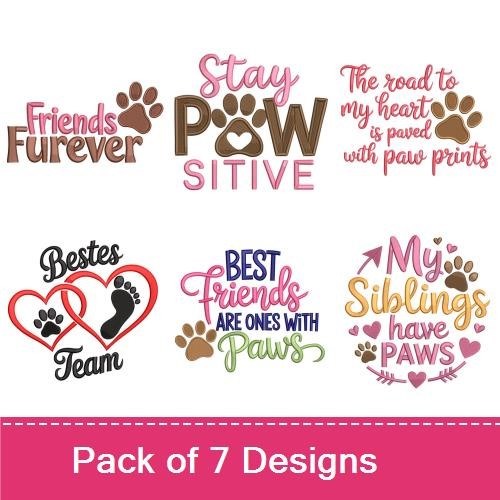 Paw Print Friendship Embroidery Designs Bundle – Stay Paw-sitive, Best Friends are Ones with Paws & More (7 Designs)