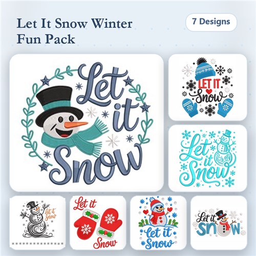 Winter Snow Theme Embroidery Designs Bundle – Snowman with Scarf, Let It Snow, Colorful Snowflake & More (7 Designs)