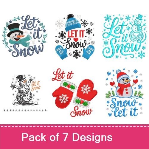 Winter Snow Theme Embroidery Designs Bundle – Snowman with Scarf, Let It Snow, Colorful Snowflake & More (7 Designs)