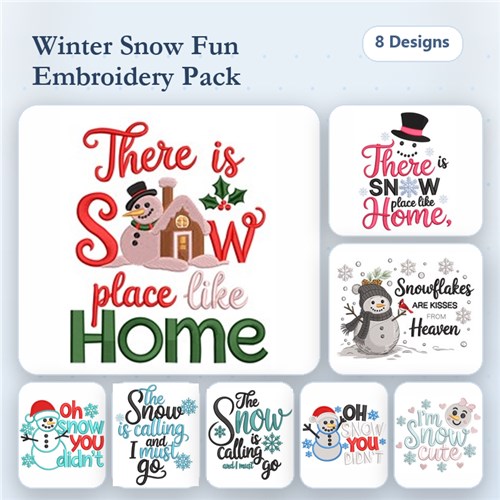 Winter-themed Embroidery Designs Bundle – There is Snow Place like Home, Snowman with House, & More (8 Designs)