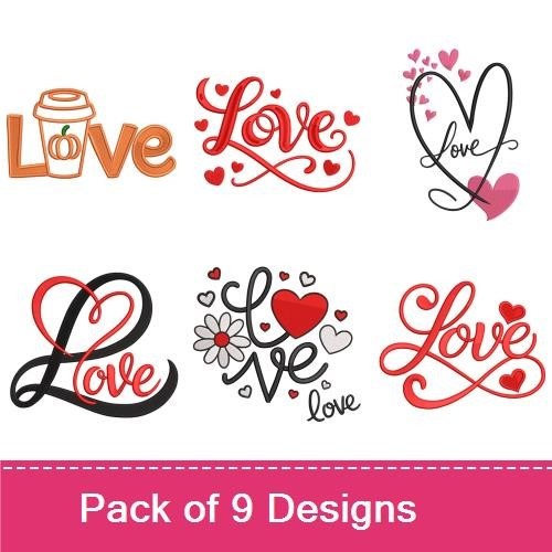Love Embroidery Designs Bundle – Love with Hearts, Heart with Love, Creative Love & More (9 Designs)