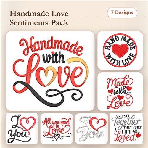 Expressions of Love Embroidery Designs Bundle – Handmade with Love, I Love You, Heart Symbol with Love & More (7 Designs)