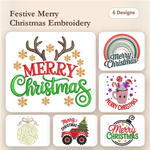 Christmas Themed Embroidery Designs Bundle – Merry Christmas with Antlers, Christmas Truck with Tree, & More (6 Designs)