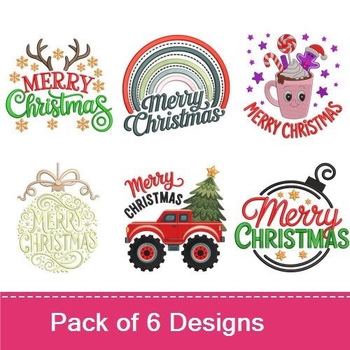 Christmas Themed Embroidery Designs Bundle – Merry Christmas with Antlers, Christmas Truck with Tree, & More (6 Designs)
