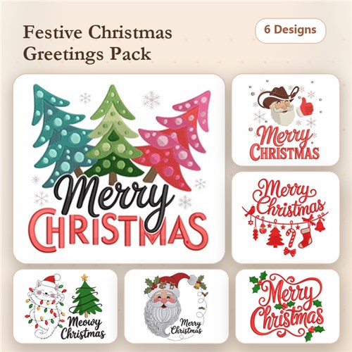 Christmas Greetings Embroidery Designs Bundle – Christmas Trees, Santa Claus, Merry Christmas with Holly & More (6 Designs)