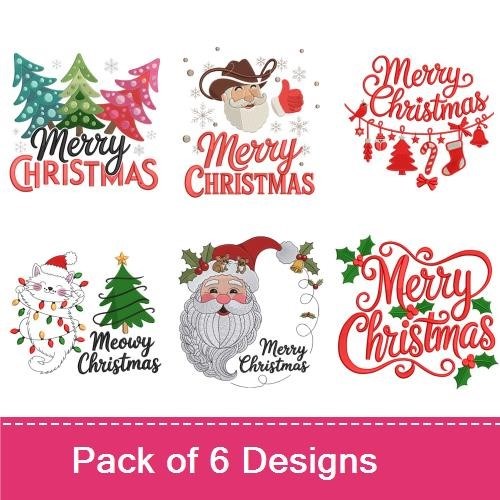 Christmas Greetings Embroidery Designs Bundle – Christmas Trees, Santa Claus, Merry Christmas with Holly & More (6 Designs)