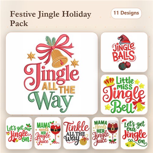 Holiday Jingles Embroidery Designs Bundle – Jingle All The Way, Little Miss Jingle Bell, & More (11 Designs)