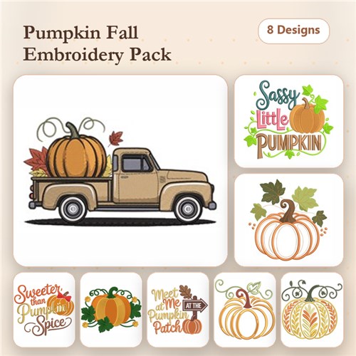 Fall Pumpkin Themes Embroidery Designs Bundle – Pumpkin Truck, Sassy Little Pumpkin, Sweeter than Pumpkin Spice & More (8 Designs)