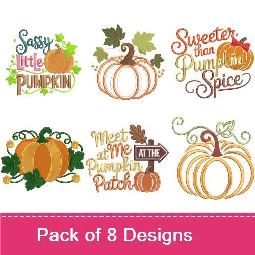 Fall Pumpkin Themes Embroidery Designs Bundle – Pumpkin Truck, Sassy Little Pumpkin, Sweeter than Pumpkin Spice & More (8 Designs)