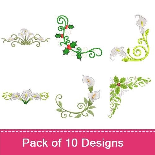 Floral & Holiday Corner Embroidery Designs Bundle – Calla Lily Corner, Blue Floral Corner, Rose Corner Design & More (10 Designs)