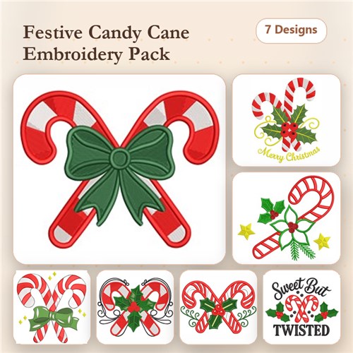 Candy Cane Embroidery Designs Bundle – Candy Cane with Bow, Twisted Candy Cane, Merry Christmas & More (7 Designs)