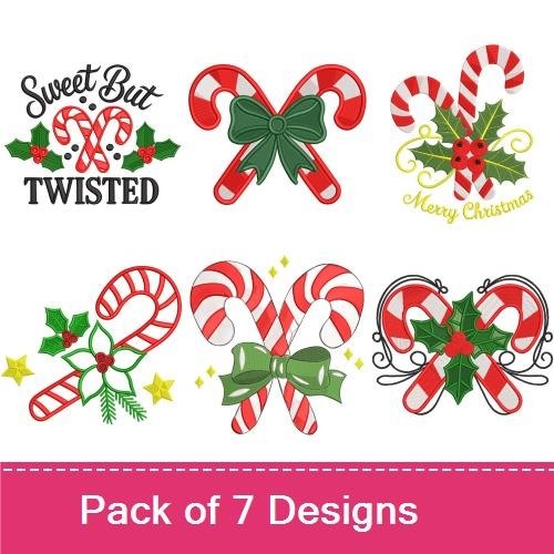 Candy Cane Embroidery Designs Bundle – Candy Cane with Bow, Twisted Candy Cane, Merry Christmas & More (7 Designs)