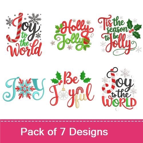 Festive Holiday Phrases Embroidery Designs Bundle – Joy to the World, Holly Jolly, & More (7 Designs)
