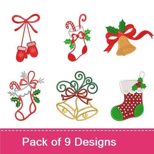 Christmas Decorations Embroidery Designs Bundle – Candles with Ornaments, Christmas Stocking, Mittens & More (9 Designs)