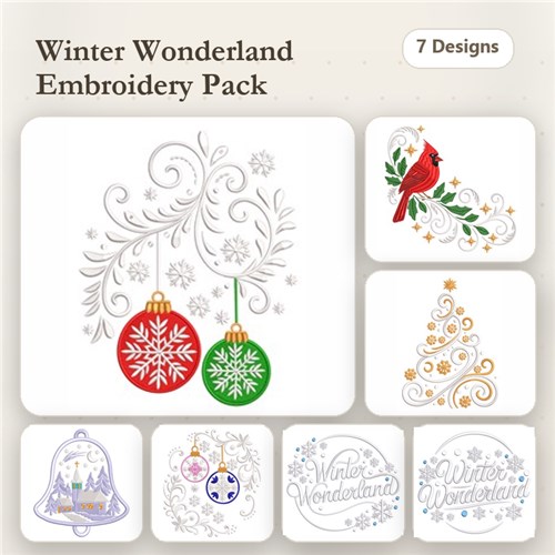 Winter Wonderland Embroidery Designs Bundle – Snowflake Ornament, Cardinal Bird, Christmas Tree & More (7 Designs)