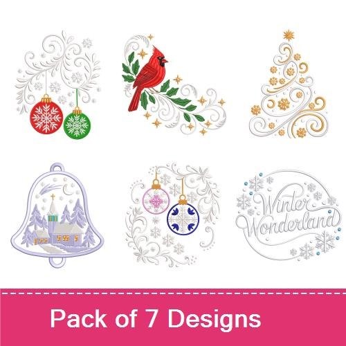 Winter Wonderland Embroidery Designs Bundle – Snowflake Ornament, Cardinal Bird, Christmas Tree & More (7 Designs)