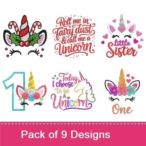 Unicorn Embroidery Designs Bundle – Unicorn Face, Rainbow, Hearts & More (9 Designs)