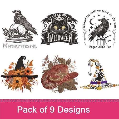 Halloween Embroidery Designs Bundle – Happy Halloween Cat, Nevermore Raven, Pumpkin Cluster & More (9 Designs)