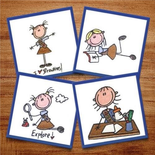 Girl Scout Characters Embroidery Designs Bundle – Brownie Girl Scout, Explorer, Sporty Brownie & More (7 Designs)