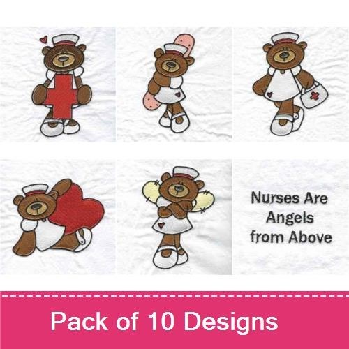 Nurse Bears Embroidery Designs Bundle – Nurse Bear with Heart, Nurse Bear with Flowers, & More (10 Designs)